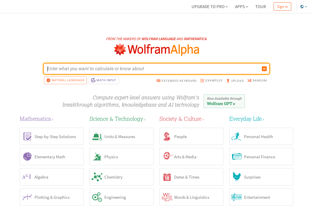 Screenshot Suchmaschine WolframAlpha.com