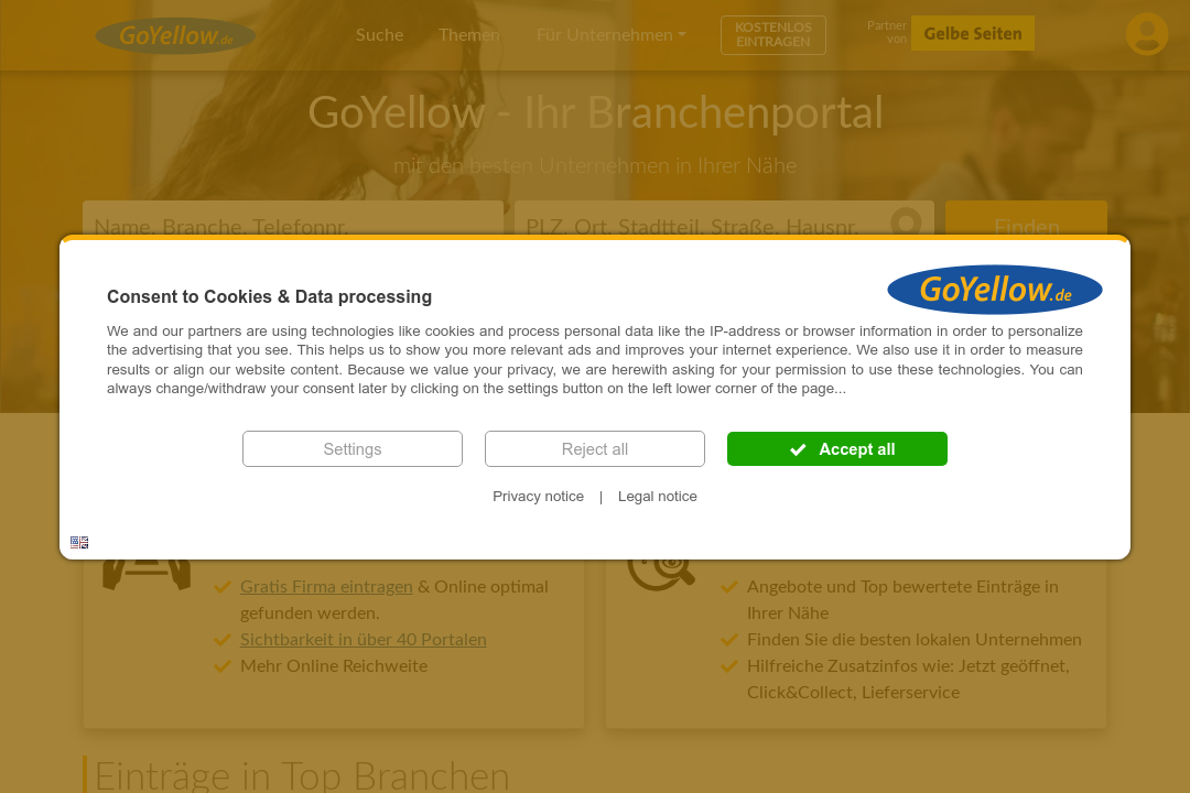 Screenshot Suchmaschine GoYellow.de